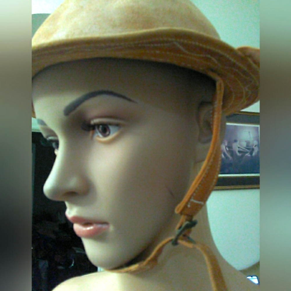 ANTIQUE/ VINTAGE LEATHER BOWLER HAT HANDMADE W/ STRAP ADJ. DECORATIVE BRIM - Picture 5 of 15